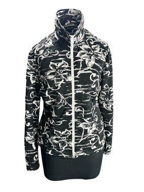 Clara S. Black & White Floral Zip-Up Jacket High Neck Long Sleeves One Size